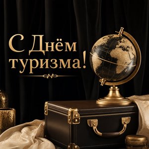 Открытка ко Всемирному дню туризма с глобусом и чемоданом