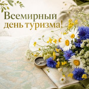 Открытка ко Всемирному дню туризма с полевыми цветами и картой