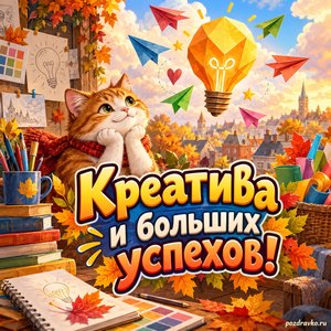 Открытка «Креатива и больших успехов!» с цветными бумажными идеями на фоне мягких осенних облаков