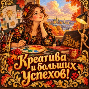Открытка «Креатива и больших успехов!» с дизайнером и палитрой на фоне мягких осенних облаков