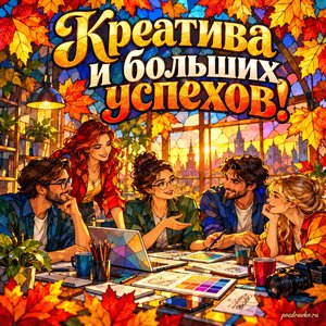 Открытка «Креатива и больших успехов!» с творческой командой за столом в рамке из кленовых листьев