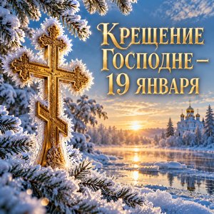 Открытка «Крещение Господне — 19 января» с крестом в инее