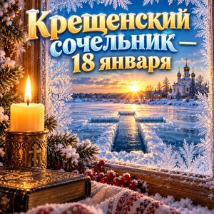 Открытка «Крещенский сочельник — 18 января» со свечой и видом на иордань