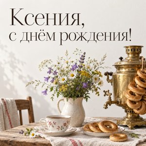 Открытка «Ксения, с днём рождения!» Ксении с самоваром и баранками