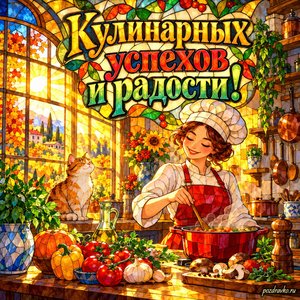 Открытка «Кулинарных успехов и радости!» с маленькой уютной кухней при золотом солнечном свете