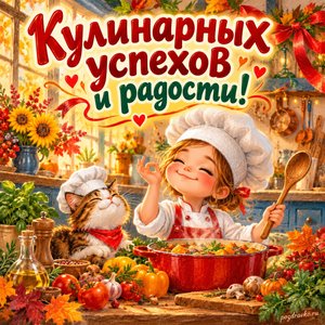 Открытка «Кулинарных успехов и радости!» с маленькой уютной кухней с нарядными праздничными лентами