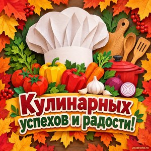 Открытка «Кулинарных успехов и радости!» с поварским колпаком и овощами в рамке из кленовых листьев