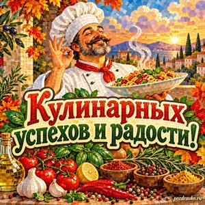 Открытка «Кулинарных успехов и радости!» с яркими специями и зеленью на фоне мягких осенних облаков