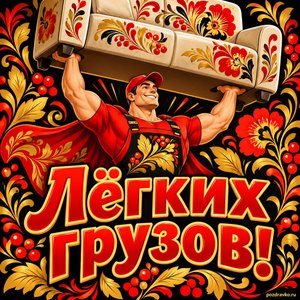 Открытка «Лёгких грузов!» с богатырём и диваном