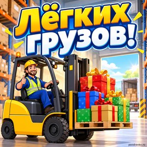 Открытка «Лёгких грузов!» с погрузчиком и подарками