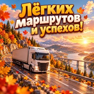 Открытка «Лёгких маршрутов и успехов!» с грузовиком на осенней дороге на фоне мягких осенних облаков