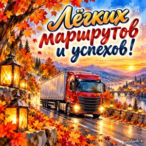 Открытка «Лёгких маршрутов и успехов!» с грузовиком на осенней дороге в сиянии уютных фонариков