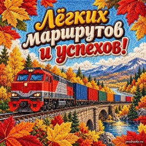 Открытка «Лёгких маршрутов и успехов!» с поездом и золотыми деревьями в рамке из кленовых листьев