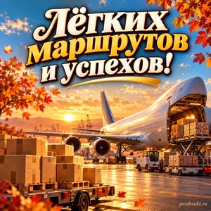 Открытка «Лёгких маршрутов и успехов!» с самолётом и посылками при золотом солнечном свете