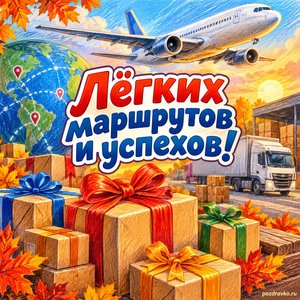 Открытка «Лёгких маршрутов и успехов!» с самолётом и посылками с нарядными праздничными лентами