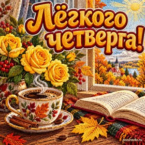 Открытка «Лёгкого четверга!» с кофе и жёлтыми розами