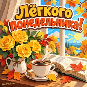 Открытка «Лёгкого понедельника!» с кофе и жёлтыми розами