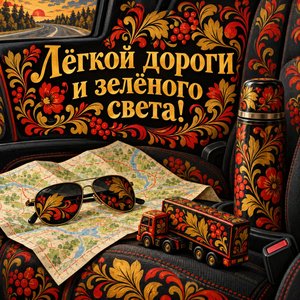 Открытка «Лёгкой дороги и зелёного света!» с картой и термосом