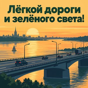 Открытка «Лёгкой дороги и зелёного света!» с мостом через реку