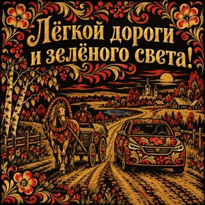Открытка «Лёгкой дороги и зелёного света!» с телегой и машиной