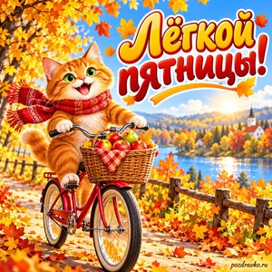 Открытка «Лёгкой пятницы!» с котом на велосипеде