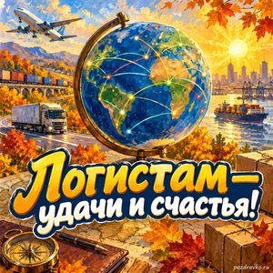 Открытка «Логистам — удачи и счастья!» с глобусом и разноцветными маршрутами при золотом солнечном свете