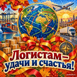 Открытка «Логистам — удачи и счастья!» с глобусом и разноцветными маршрутами с нарядными праздничными лентами