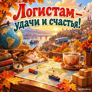 Открытка «Логистам — удачи и счастья!» с кофе и настольной картой на фоне мягких осенних облаков