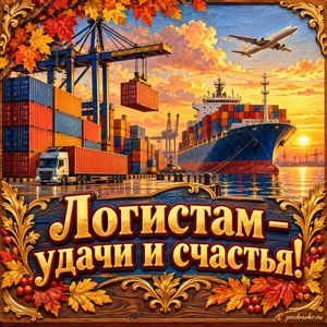 Открытка «Логистам — удачи и счастья!» с контейнерами и кораблём на фоне мягких осенних облаков