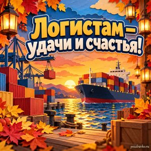 Открытка «Логистам — удачи и счастья!» с контейнерами и кораблём в сиянии уютных фонариков