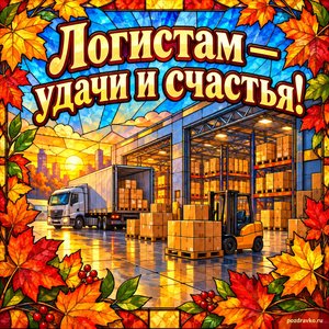 Открытка «Логистам — удачи и счастья!» со складом и аккуратными коробками в рамке из кленовых листьев