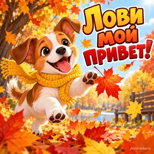 Открытка «Лови мой привет!» со щенком в жёлтом шарфе