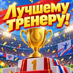 Открытка «Лучшему тренеру!» с кубком на пьедестале