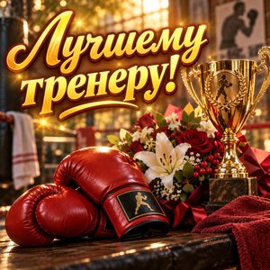 Открытка «Лучшему тренеру!» с перчатками и кубком