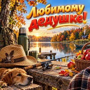 Открытка «Любимому дедушке!» с удочкой и яблоками у озера