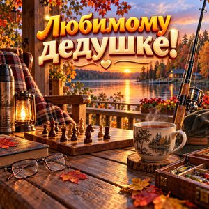 Открытка «Любимому дедушке!» с шахматами и удочкой