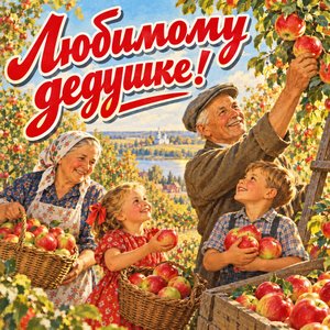 Открытка «Любимому дедушке!» с урожаем яблок