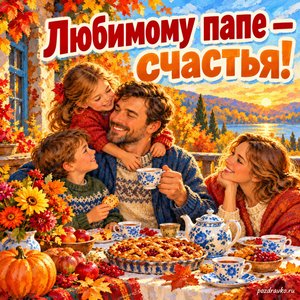 Открытка «Любимому папе — счастья!» с семейным чаепитием при золотом солнечном свете