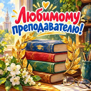 Открытка «Любимому преподавателю!» с книгами и лаврами