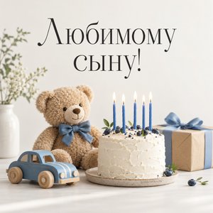 Открытка «Любимому сыну!» с машинкой и тортом