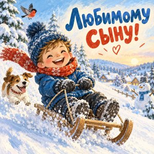 Открытка «Любимому сыну!» с санками с горки