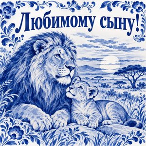 Открытка «Любимому сыну!» со львом и львёнком