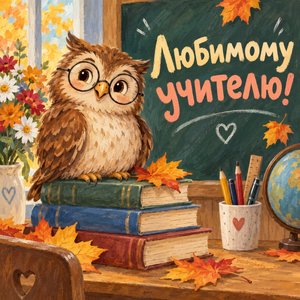 Открытка «Любимому учителю!» с совой в очках