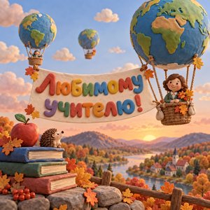 Открытка «Любимому учителю!» с воздушными шарами-глобусами