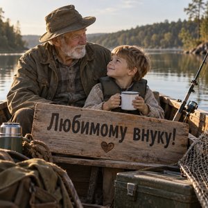 Открытка «Любимому внуку!» с дедушкой в лодке