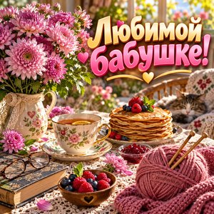 Открытка «Любимой бабушке!» с хризантемами и вязанием