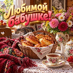Открытка «Любимой бабушке!» с пирогами и чайником