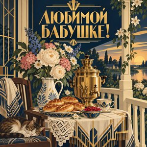 Открытка «Любимой бабушке!» с пирогами и самоваром