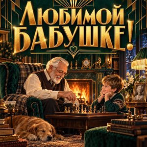 Открытка «Любимой бабушке!» с шахматами у камина