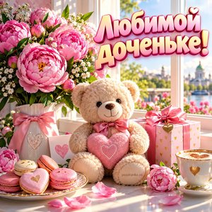Открытка «Любимой доченьке!» с мишкой и пионами